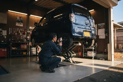 整備工場で自動車を点検・整備している様子