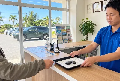 レンタカーの受付・貸出をしている様子