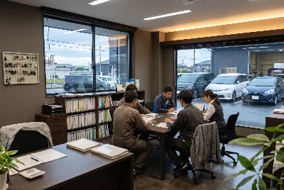 自動車整備工場・販売店の事務所で事務作業をしている様子