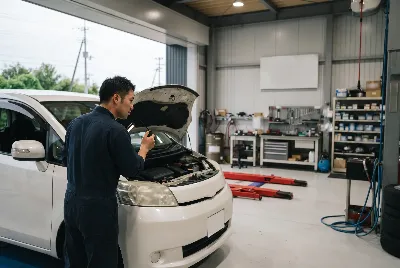 整備工場で自動車を点検・整備している様子