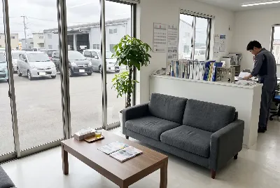 自動車整備工場・販売店の事務所で事務作業をしている様子