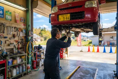 整備工場で自動車を点検・整備している様子