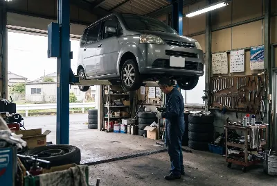 整備工場で自動車を点検・整備している様子