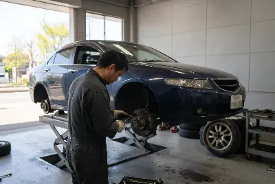 整備工場で自動車を点検・整備している様子