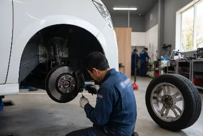 整備工場で自動車を点検・整備している様子