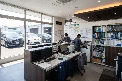 自動車整備工場・販売店の事務所で事務作業をしている様子