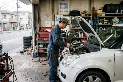 整備工場で自動車を点検・整備している様子