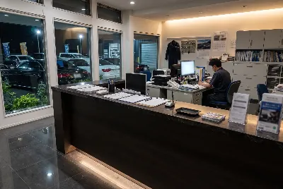 自動車整備工場・販売店の事務所で事務作業をしている様子