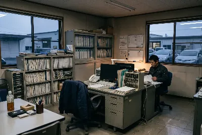 自動車整備工場・販売店の事務所で事務作業をしている様子
