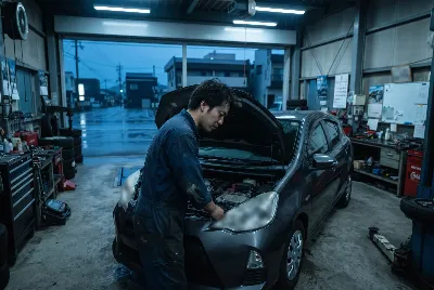 整備工場で自動車を点検・整備している様子