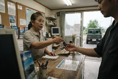 レンタカーの受付・貸出をしている様子