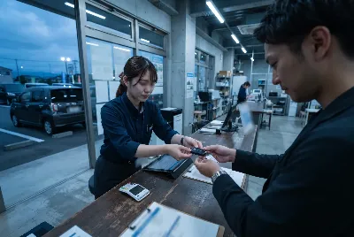 レンタカーの受付・貸出をしている様子