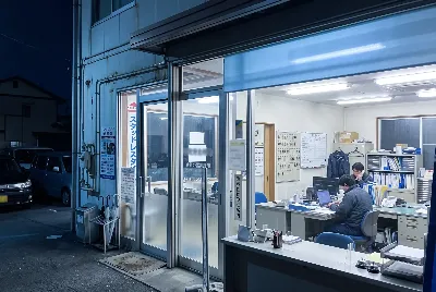 自動車整備工場・販売店の事務所で事務作業をしている様子