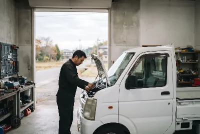 整備工場で自動車を点検・整備している様子