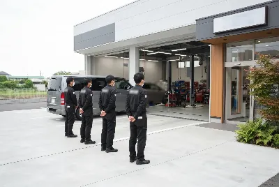 店舗前に並ぶ作業着のスタッフ