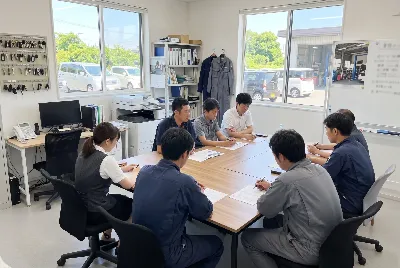 自動車整備工場・販売店の事務所で事務作業をしている様子