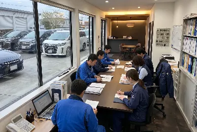 自動車整備工場・販売店の事務所で事務作業をしている様子
