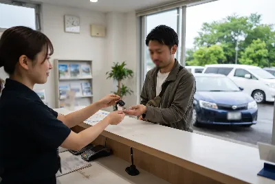 レンタカーの受付・貸出をしている様子