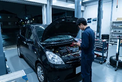 整備工場で自動車を点検・整備している様子
