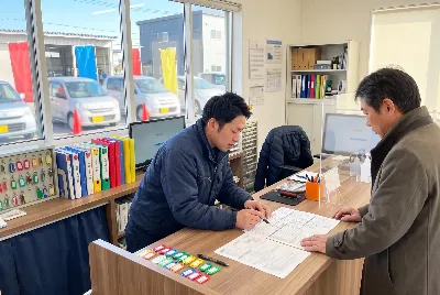 自動車整備工場・販売店の事務所で事務作業をしている様子