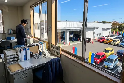 自動車整備工場・販売店の事務所で事務作業をしている様子