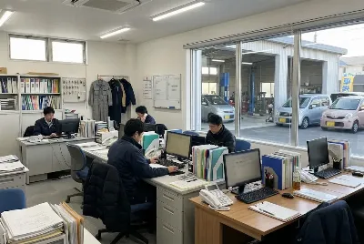 自動車整備工場・販売店の事務所で事務作業をしている様子