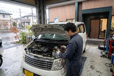 整備工場で自動車を点検・整備している様子