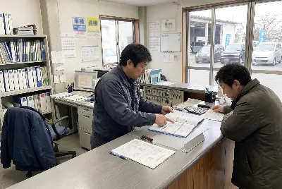 自動車整備工場・販売店の事務所で事務作業をしている様子