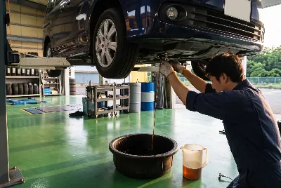 整備工場で自動車を点検・整備している様子