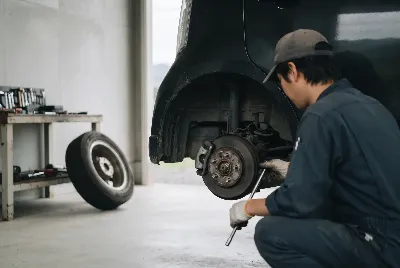 整備工場で自動車を点検・整備している様子