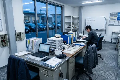 自動車整備工場・販売店の事務所で事務作業をしている様子