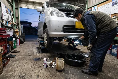 整備工場で自動車を点検・整備している様子