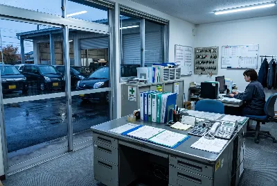 自動車整備工場・販売店の事務所で事務作業をしている様子