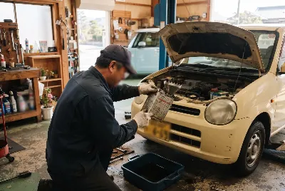 整備工場で自動車を点検・整備している様子