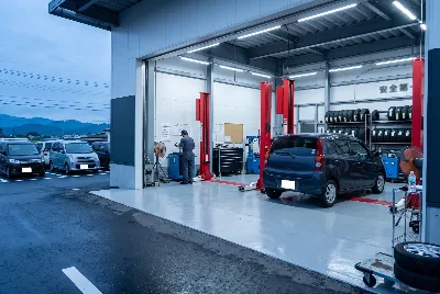整備工場で自動車を点検・整備している様子
