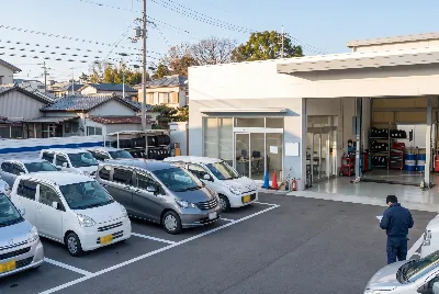 整備工場で自動車を点検・整備している様子