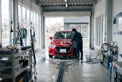 自動車のコーティング・洗車をしている様子