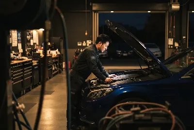 整備工場で自動車を点検・整備している様子