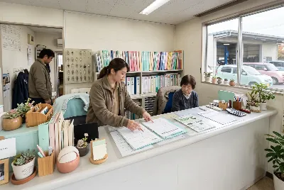 自動車整備工場・販売店の事務所で事務作業をしている様子