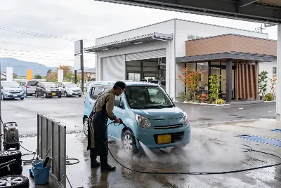 整備工場で自動車を点検・整備している様子