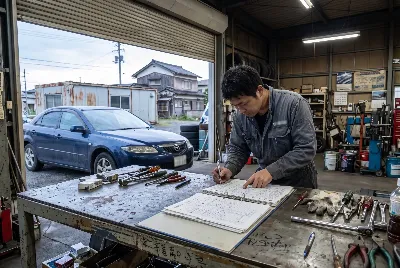 整備工場で自動車を点検・整備している様子