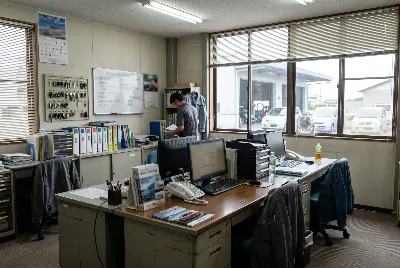 自動車整備工場・販売店の事務所で事務作業をしている様子