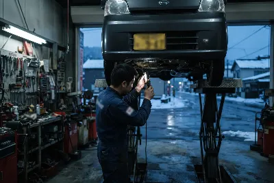 整備工場で自動車を点検・整備している様子