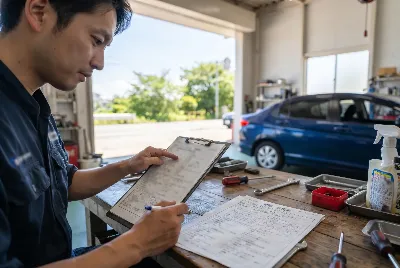 整備工場で自動車を点検・整備している様子