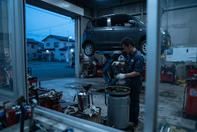 整備工場で自動車を点検・整備している様子