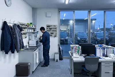 自動車整備工場・販売店の事務所で事務作業をしている様子