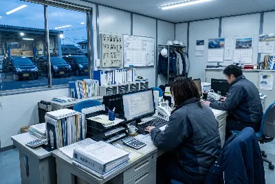 自動車整備工場・販売店の事務所で事務作業をしている様子