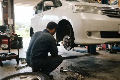 整備工場で自動車を点検・整備している様子