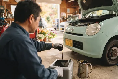 整備工場で自動車を点検・整備している様子