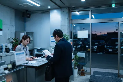 レンタカーの受付・貸出をしている様子